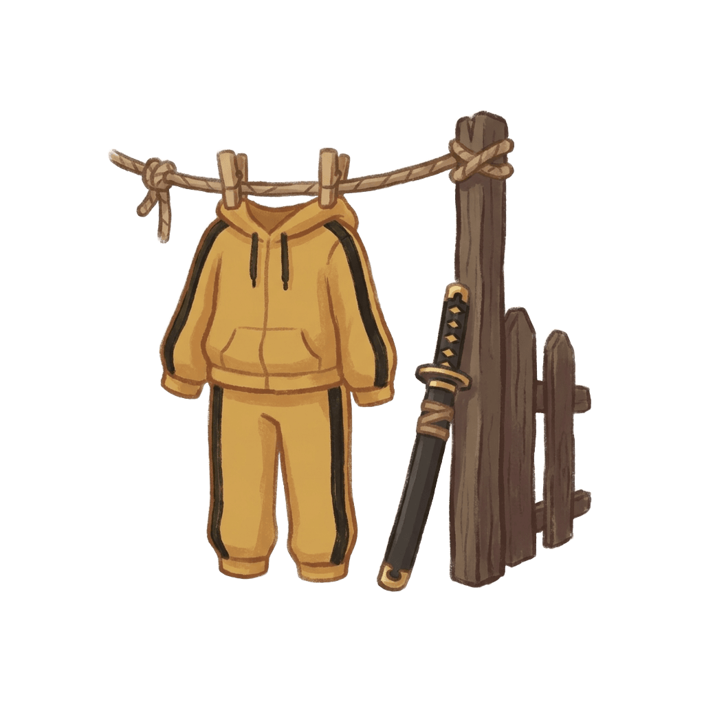 a tracksuit and sword by the shed